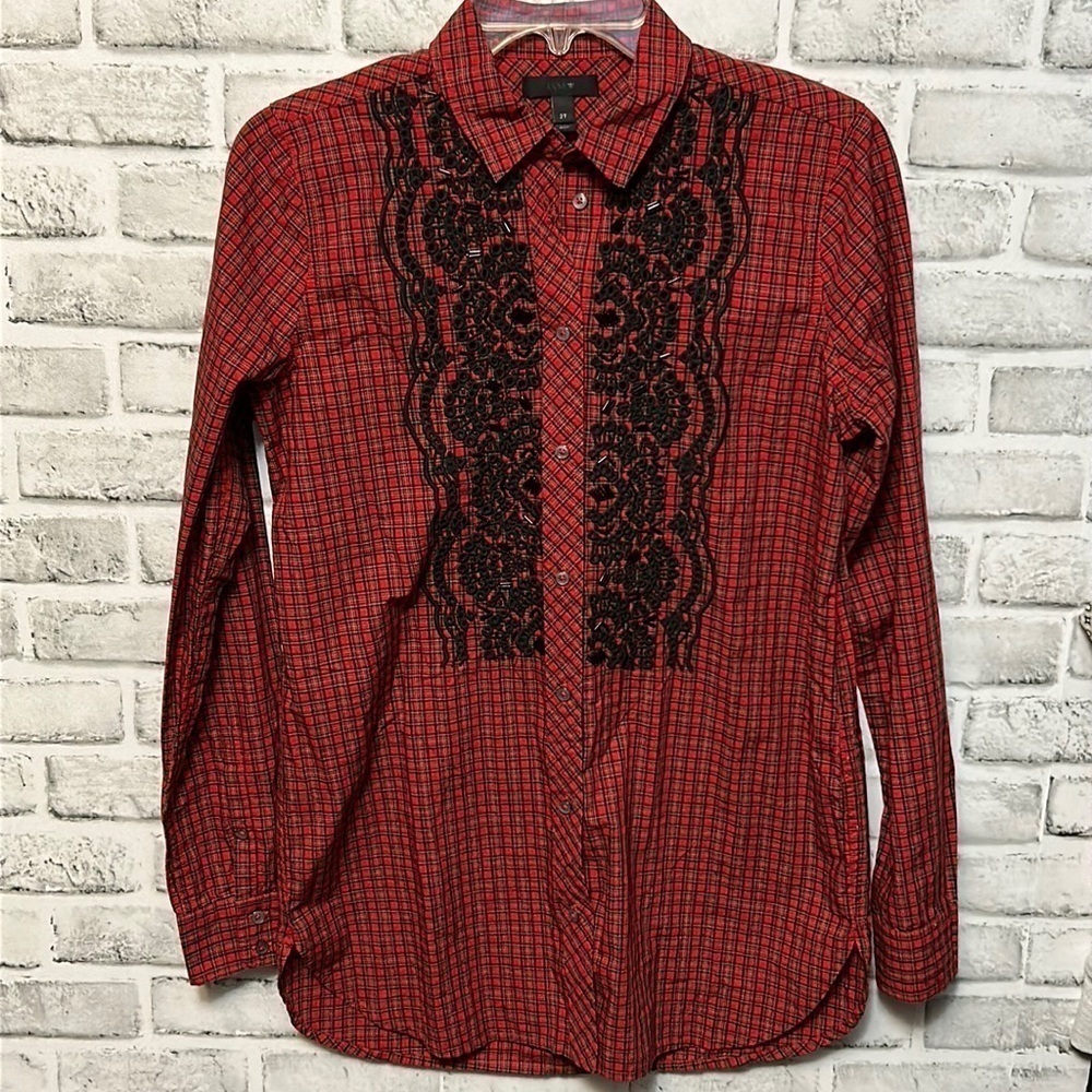 Women’s Red, J.Crew Tartan, Button-Up Top w/ Black Sequins & Embroidery, Size 2T